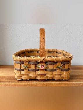Vintage Signed Raymond Woven Basket with Pink Rose Accents